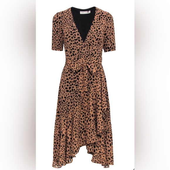 Fame And Partners - Tan & Black Leopard Print Short Sleeve Wrap Dress, Size 0 - Picture 1 of 13